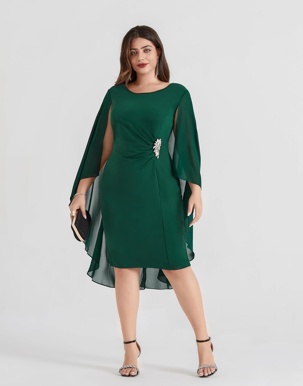 Hanna Nikole Womens Plus Size Chiffon Cape Dress Crew Neck Wedding Guest Dresses Ruched Bodycon Cocktail Pencil Dress - Image 3