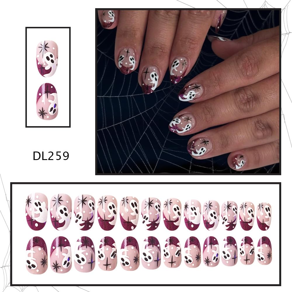 Condition photo showing New/Like New for Halloween Press on Nails French Tip Almond Fake Nail with Ghost & Starburst Designs Cute Halloween Red Tip False Nail Medium Glue on Nails Artificial Acrylic Stick on Nails for Women 24Pcs