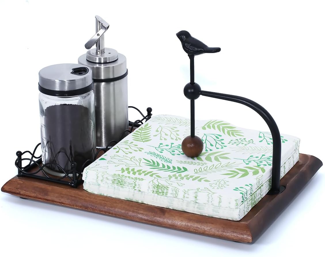 Napkin Holder with Salt and Pepper Shaker Holder - Wood Base Flat Napkin Tray with Gravity Weighted Arm - Decorative Farmhouse Paper Napkin Dispenser and Seasoning Caddy