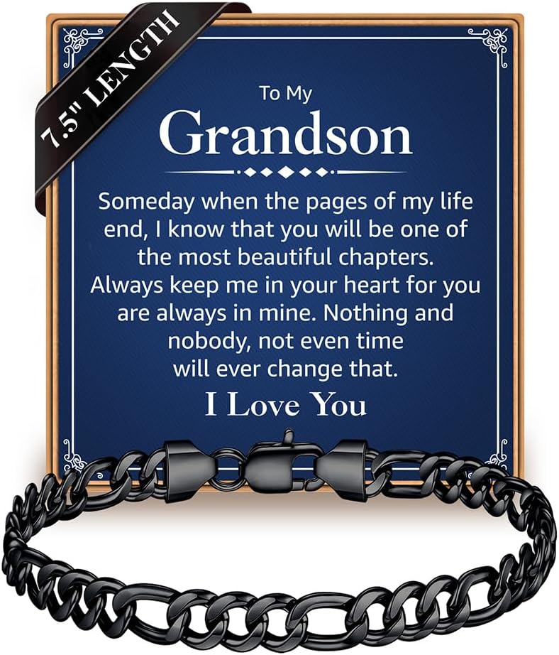 IEFLIFE Bracelet Gifts for Men Him - Silver/Black Stainless Steel Figaro Chain Bracelet Gifts for Son Grandson, Fathers Day Anniversary Birthday Gift for Men Husband, 7mm Width Bracelets Jewelry Gift