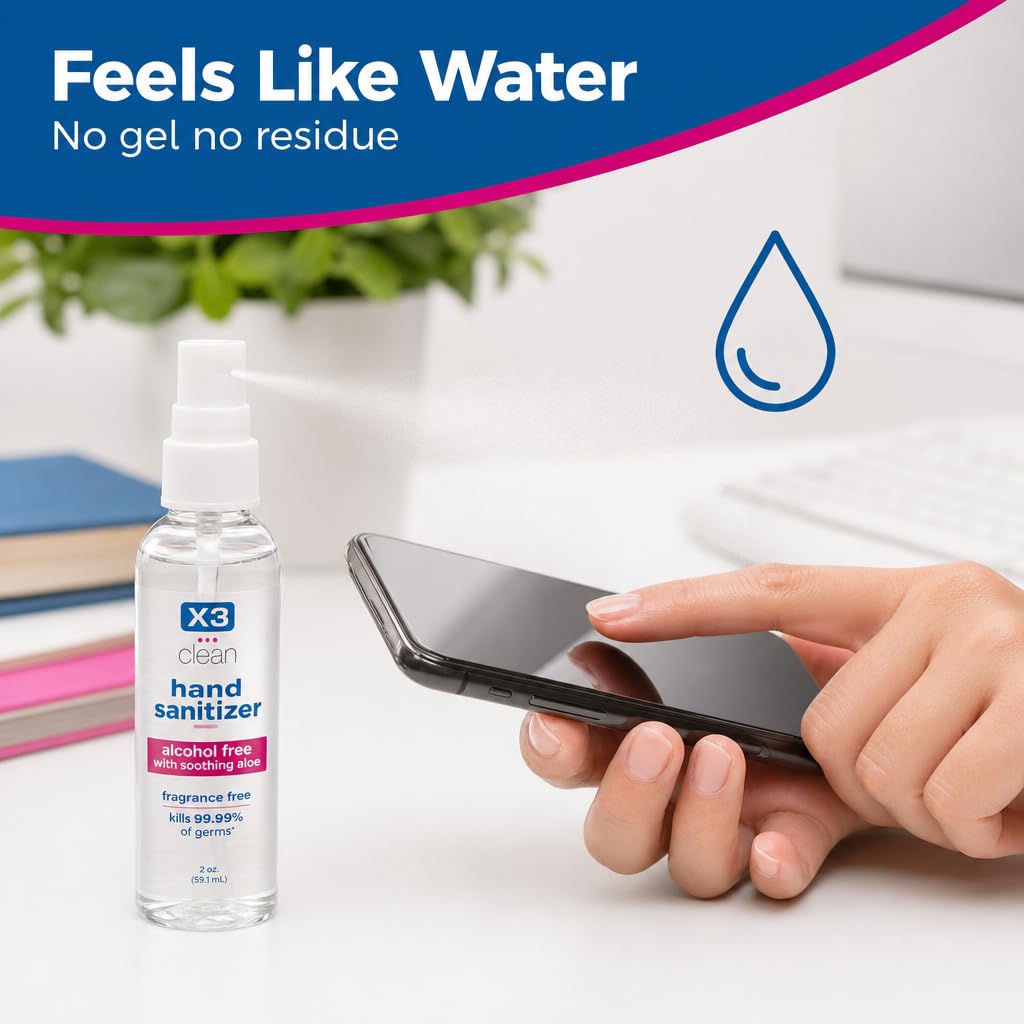 X3 Clean Hand Sanitizer Spray, Alcohol Free, Fragrance Free, Kills 99.9% of Bacteria, Travel Size 2 oz (Pack of 4)