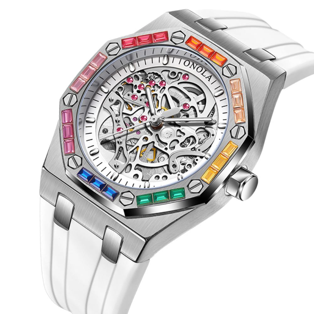 Reloj de pulsera para hombre, diseño de arco iris, con bisel de diamante, esqueleto hueco, automático, correa de silicona, impermeable, luminoso