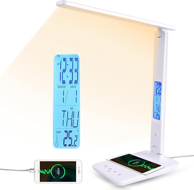 YAMYONE Desk Lamp LED Wireless Charging USB Touch Control Table Lamps 3 Colors 5 Brightness Eye-Caring Reading Light Bedside Phone Holder 3 in 1 LCD Calendar Temperature Alarm(White)