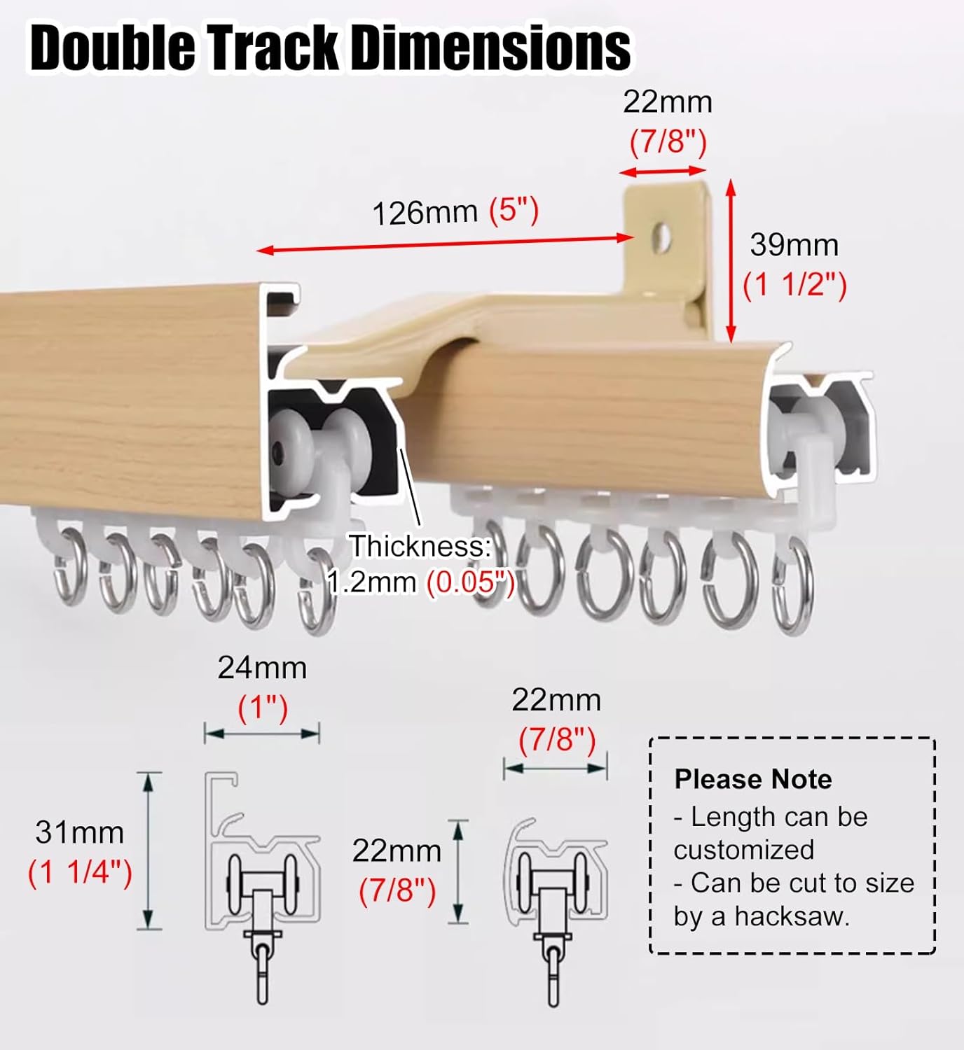 Curtain Track,Wrap Around Wall Mount, Wood Grain Aluminum Alloy Double, Home Apartment Decorative Pelmet for Windows