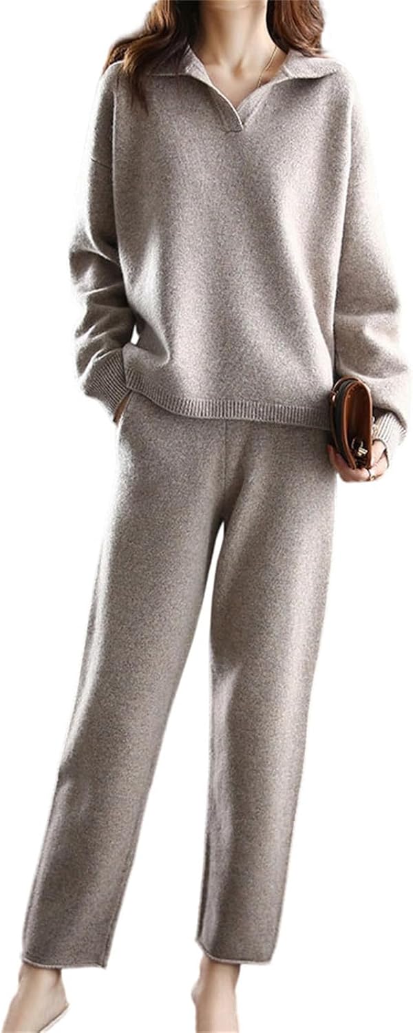 Women's Cashmere Knit Suit Loose Lapel Sweater and Wide Leg Pants Elegant High Street Two Piece Wool Lounge Set