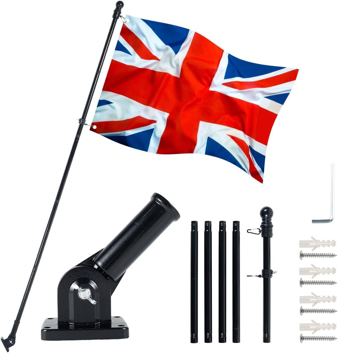 RHAIQBVC Flag Pole Kit 6FT Wall Mounted Flagpole Kit with Mounting Bracket Heavy Duty Stainless Steel Black Flag and Pole Set for House Garden Yard Outdoor Fence (6FT with Mounting Bracket)