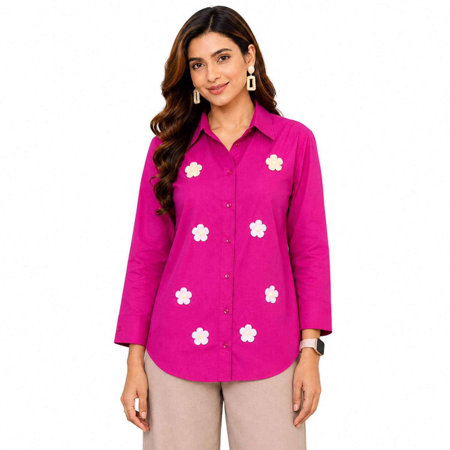 Women Floral Applique Casual Pink Shirt-image-11