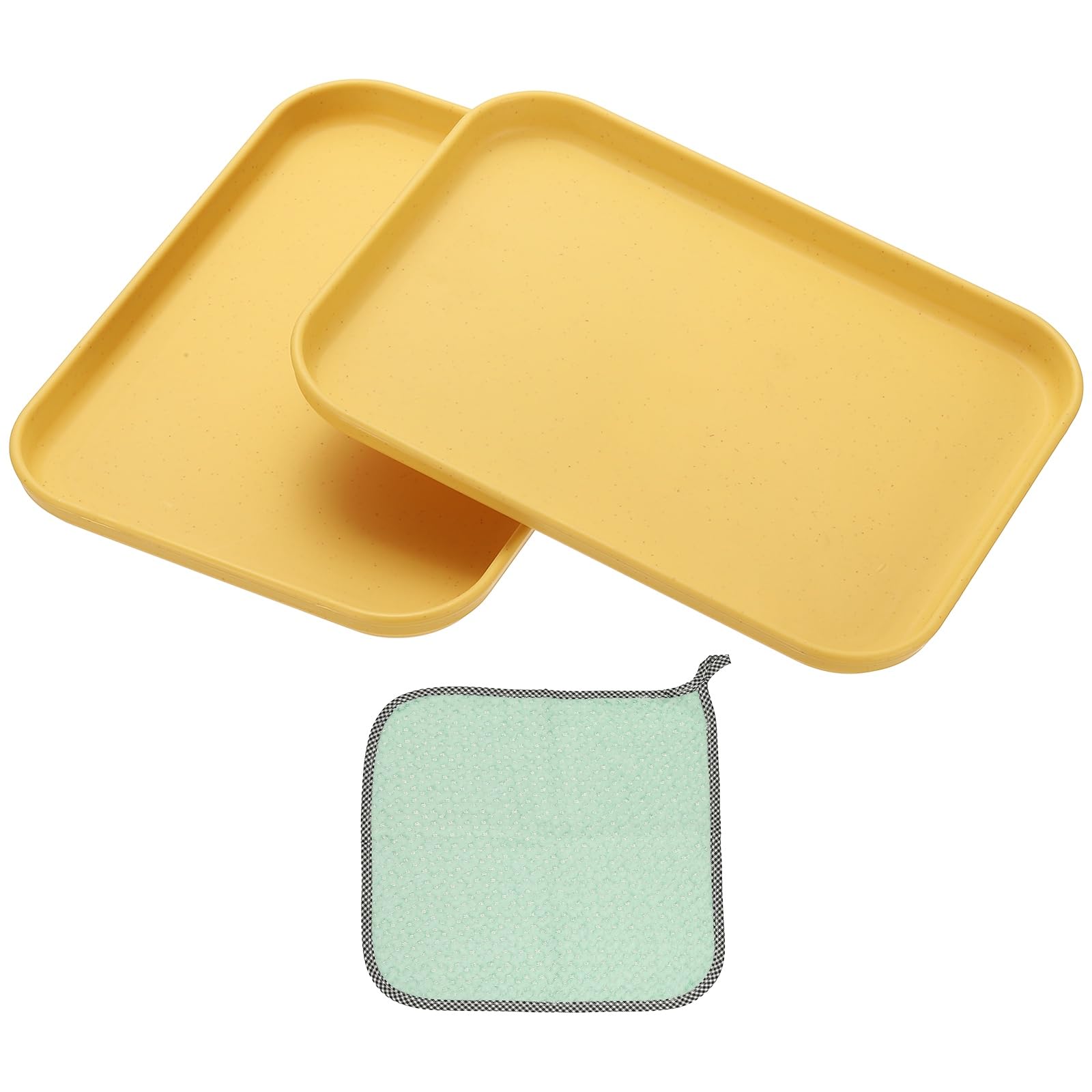 PATIKIL 7.9x5.9 Plastic Tray, 2 Pack Rectangular Plates Small Food Tray Wheat Plates Dishes Reusable Dessert Plate Trays with Cloth for Cake Fruits Salad Cupcake Steak Serving Yellow
