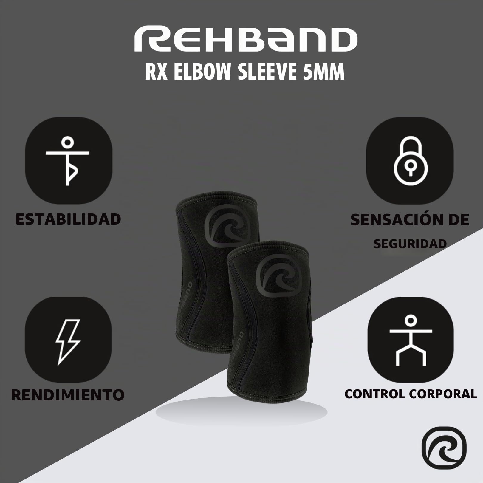 Rehband codera de SBR/neopreno de 5 mm, elbow sleeve para deportes de fuerza, diseño anatómico, antideslizante y ajuste ceñido para mujer y hombre, Color:Carbon/Negro, Talla:L