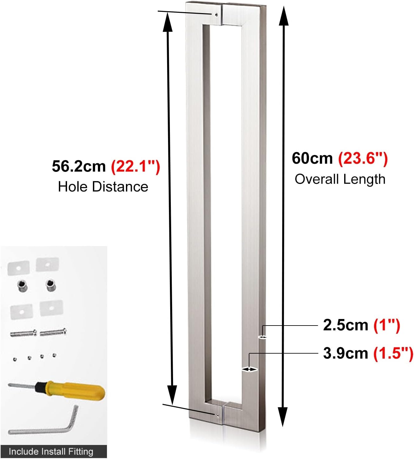 Door Pull Handle Stainless Steel Push Pull Door Handle Set, Silver Sliding Door Handles Grip with Screw, Barn Office Entrance Gates Handle for Indoor/Outdoor (Size : 60cm/24inch)