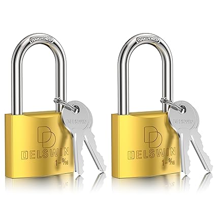 DELSWIN Brass Padlock with Same Keys - Heavy Duty Solid Brass Locker Lock with 1-4/5 in. Long Shackle, Marine Grade Pad Lock for Outdoor Gate, Fence, Shed (2 Locks with 4 Keys)