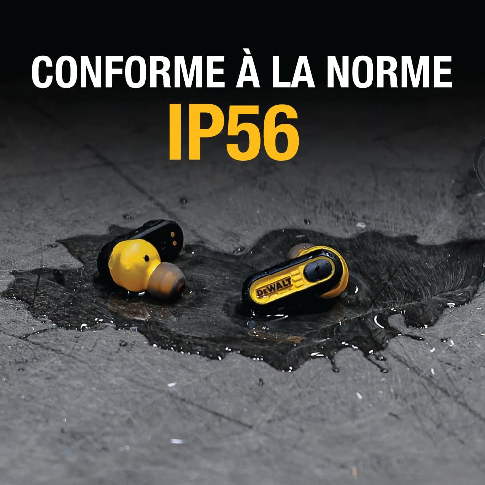 DEWALT Écouteurs sans Fil Robustes Casque Bluetooth avec étui de Chargement de Type C Inclus, Plus de 37 Heures d'autonomie, Installation Facile pour iPhone, Parfait pour Le Chantier, Jaune