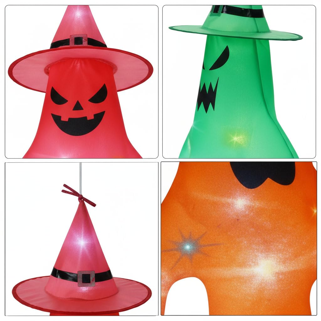 3 Stück Halloween Deko Geist mit Bunt LED Lichtern, 145x65cm Halloween Deko Outdoor Hängende Geister, Hängende Geisterflagge mit Hexenhut, für Garten Hof Terrasse Party Horror Hängen Dekoration