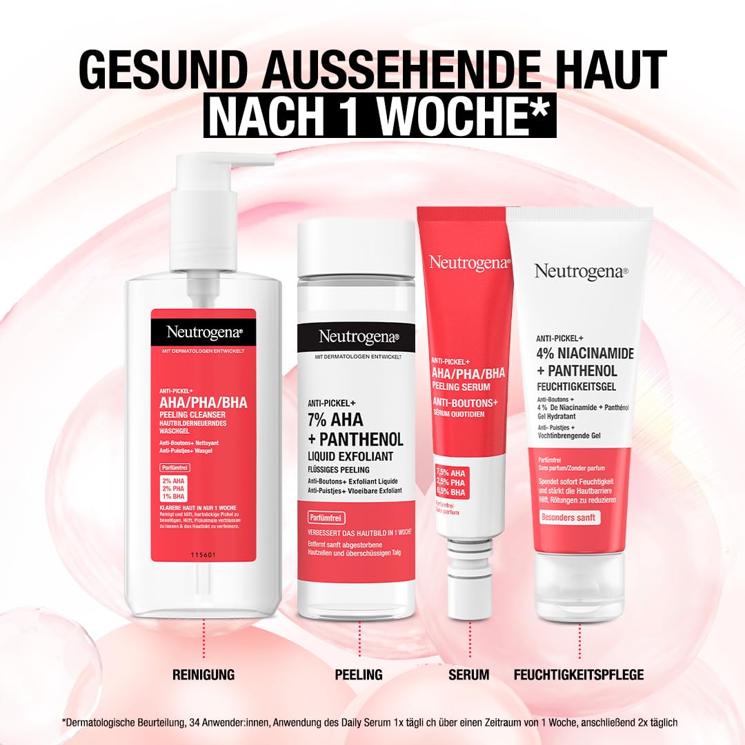 Neutrogena Środek przeciw pryszczom + Liquid Exfoliant do pielęgnacji twarzy, płynny peeling z 7% AHA + pantenol 125 ml delikatnie usuwa obumarły naskórek i nadmiar łoju