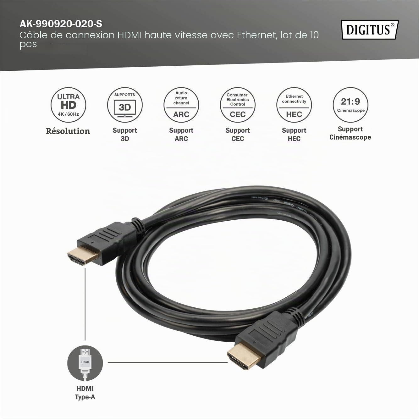 DIGITUS Câble HDMI – 2 m – 10 pièces – UltraHD 4K 60 Hz – HDMI 2.0
