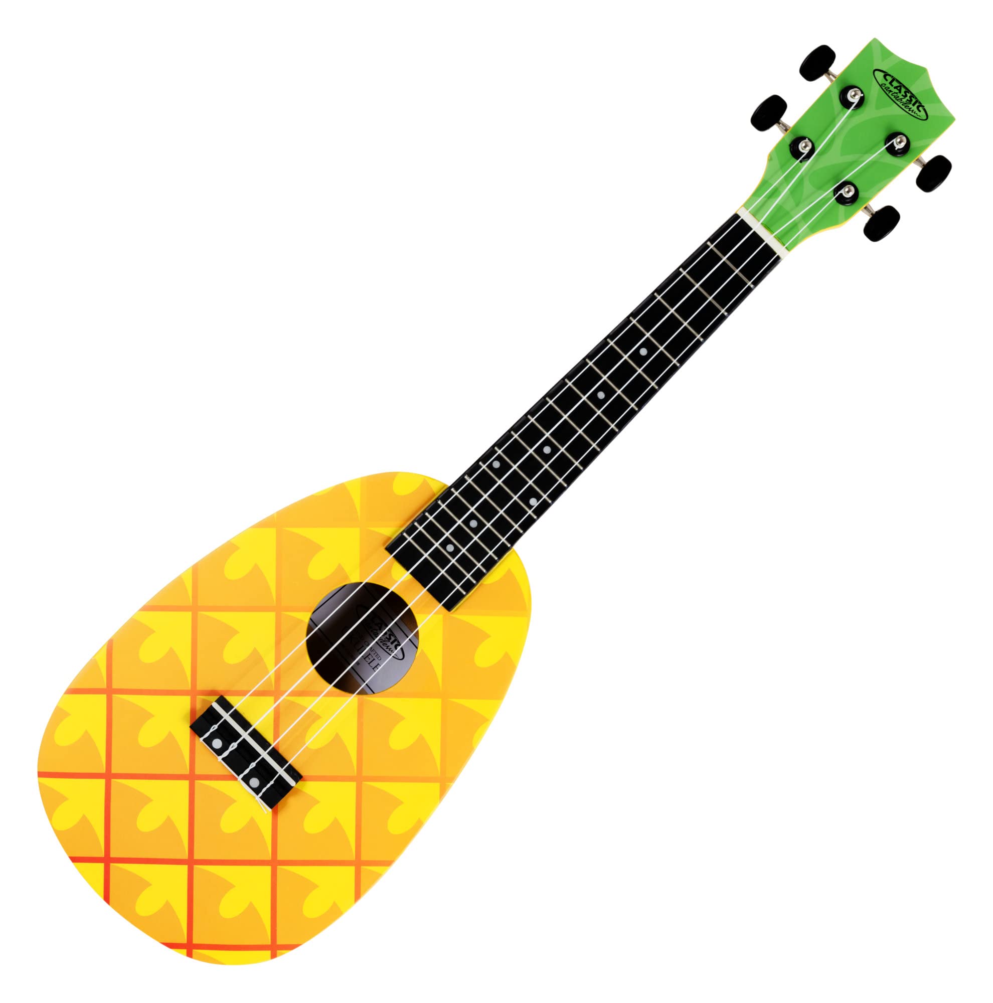 Classic Cantabile UC-240A ANA Ukulele Concerto 24" Pineapple, 18 tasti, mensola 38 cm, corde nylon, design ananas con stampa artistica, paletta verde, custodia imbottita inclusa, giallo.