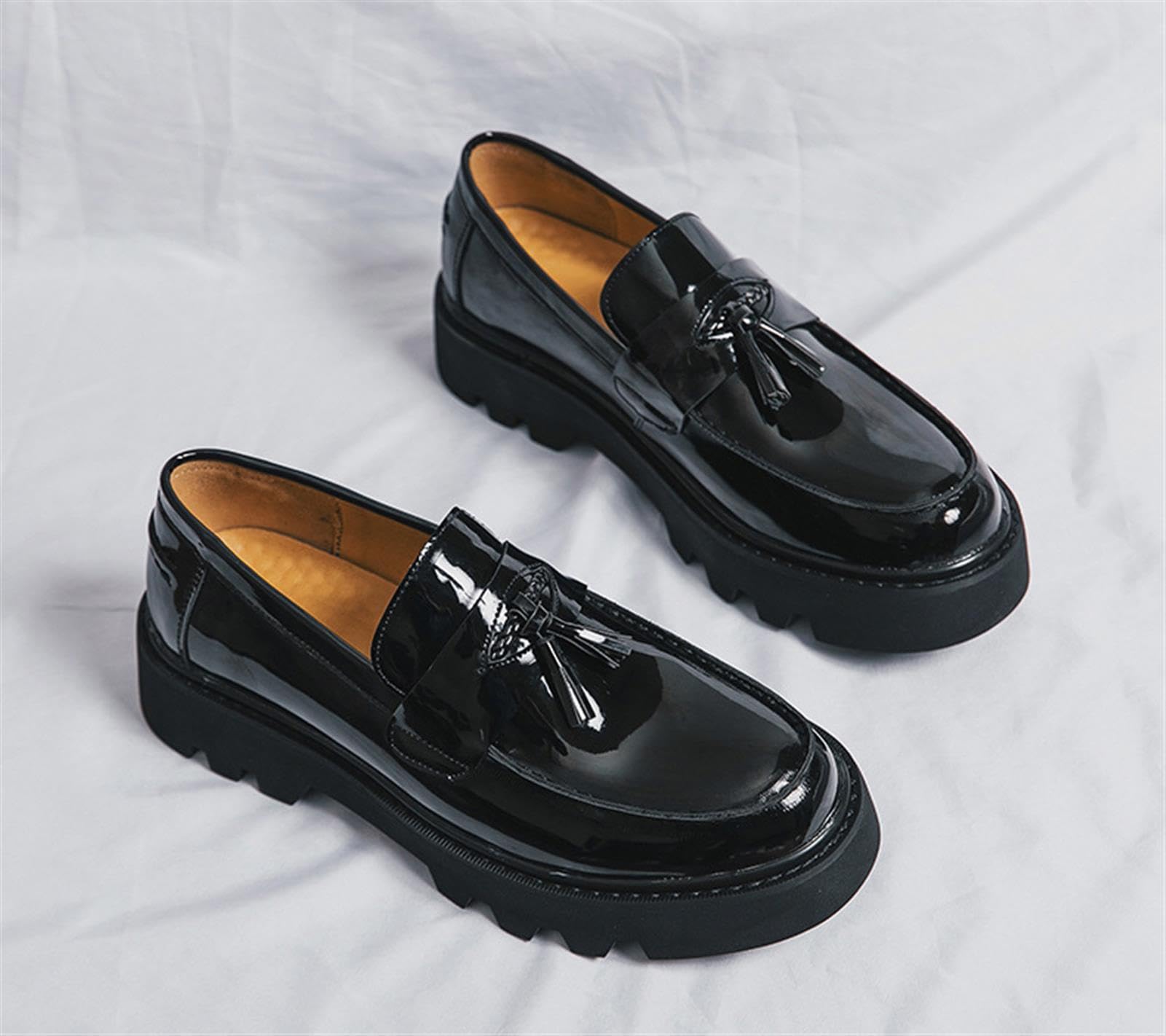 Mocasines con Borlas para Hombre Charol Plataforma Chunky Zapatos de Vestir Punk Tachuelas Slip-On Casual