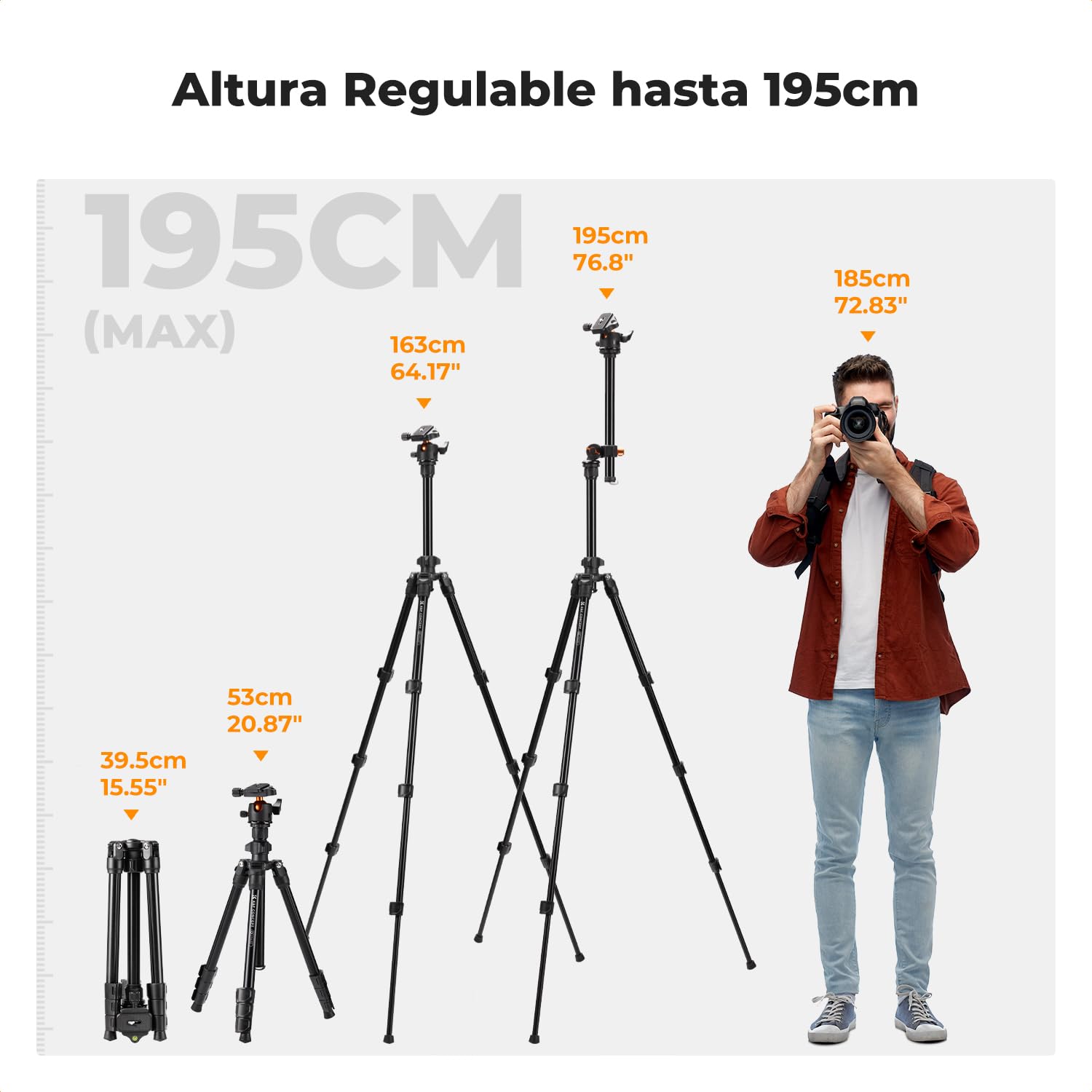 K&F CONCEPT O234A1+BH-36 Tripode Camara con Brazo Extensible 195CM, Trípode Viaje Cámara con Soporte de Teléfono, Trípode Ligero en Aluminio