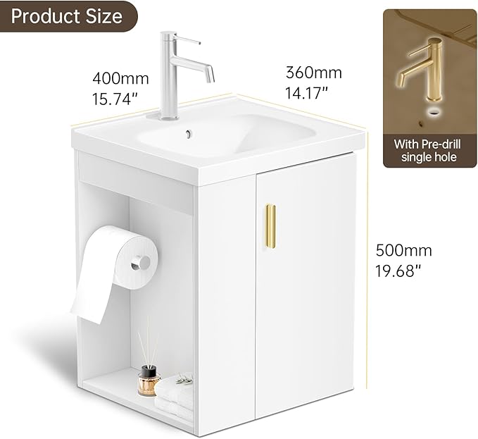 phiestina 16 Inch Pre-Assembled White Floating Bathroom Vanity for Small Space, Wall Mounted Cabinet with Ceramic Sink, Soft Close Door, Left Side Storage, No Faucet, BV04-16-WHITE-PLUS