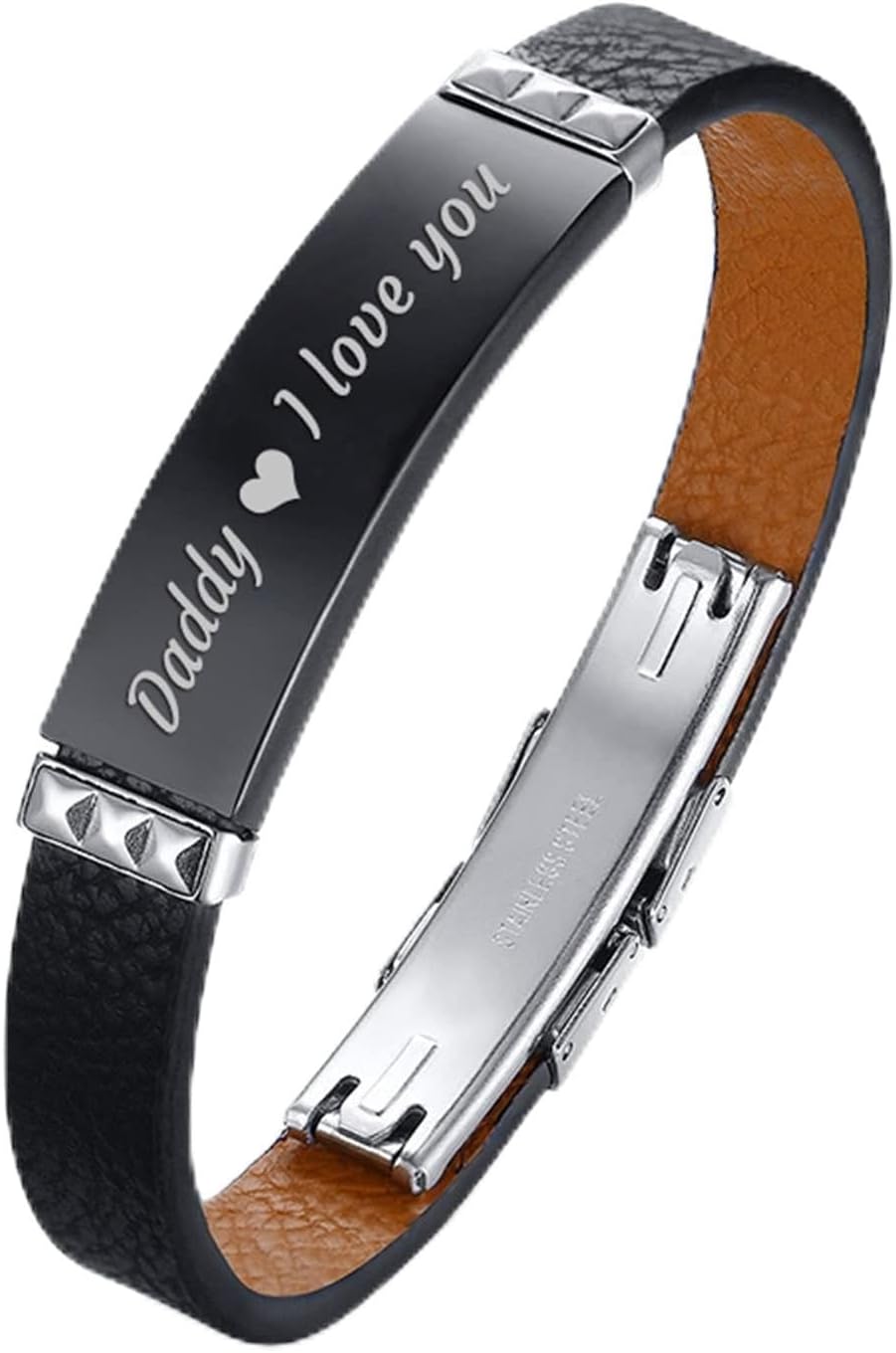 Daesar Mens Bracelet Stainless Steel Leather Dog Tag Engraved Daddy I Love You Heart Bangle Bracelet for Men Black ID Bracelet for Father Gift