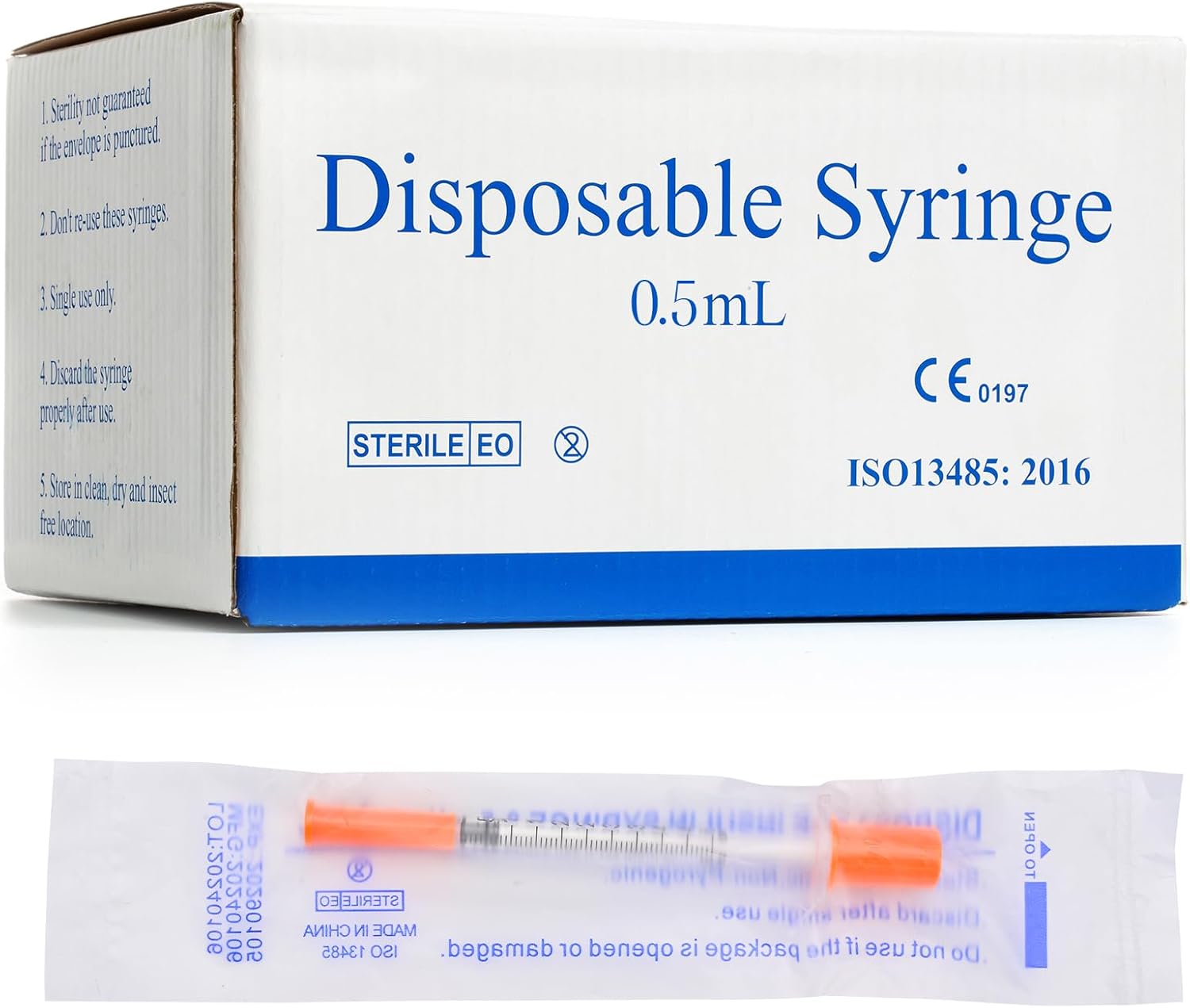U 100 0.5 mL 30 Gauge 5/16 Inch Syringes, Lab Dispensing Syringe with Needle, Individual Wrapped, Box of 100