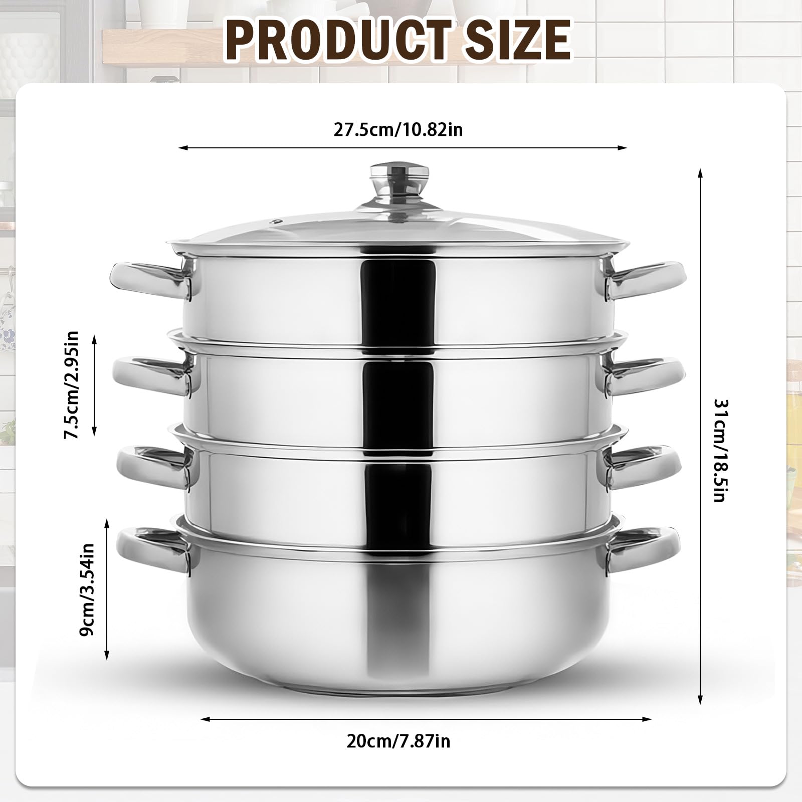 MeYuxg Pentola a vapore,28cm Vaporiera Acciaio Inox, con Inserto a Vapore e Coperchio in Vetro,pentole a 3/4 Vaporiera Pentola per cottura a vapore, zuppa, pasta, pesce (Quattro)