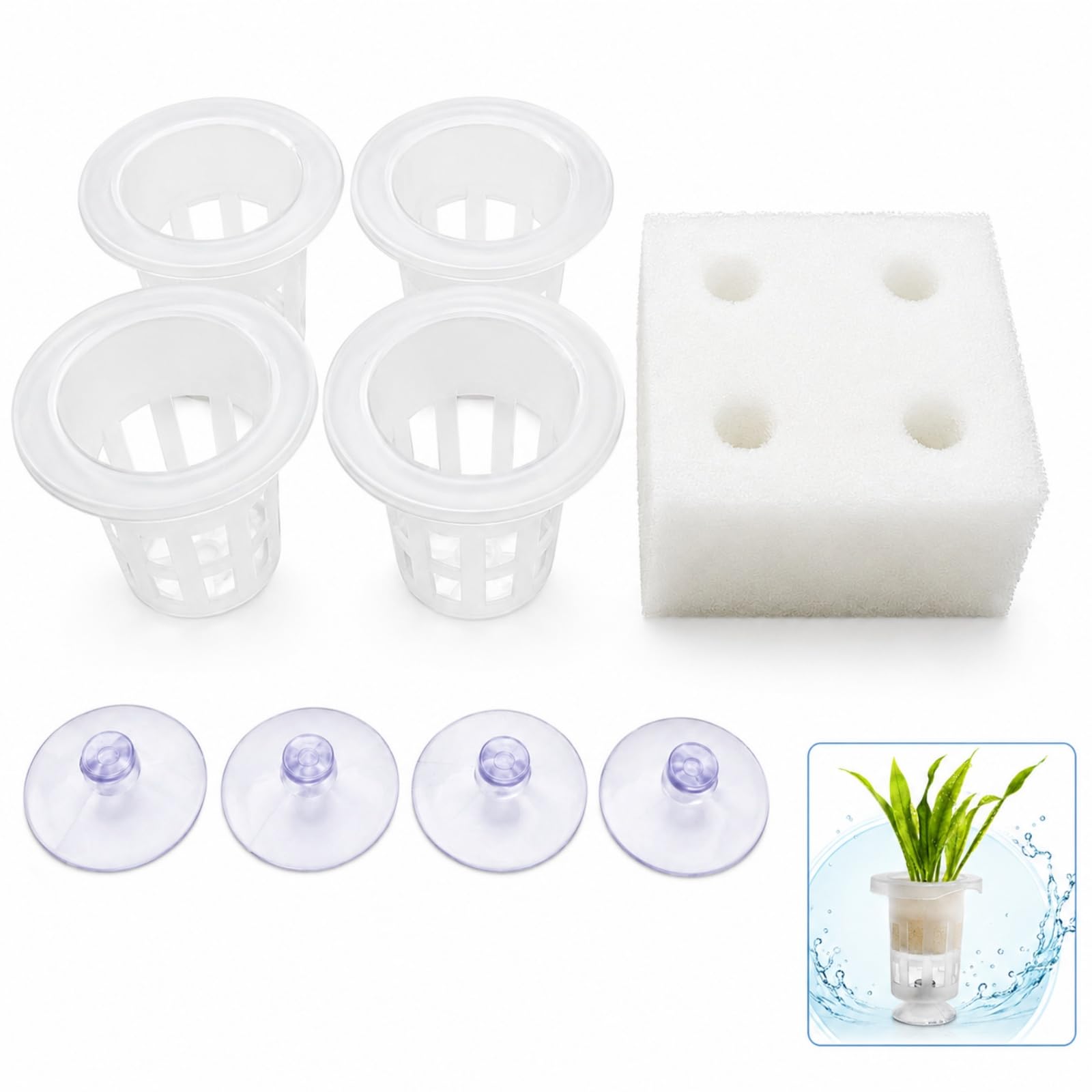 VBK Aquarium Plant Holder Set 4 Pieces, 2 Standard Aquatic Baskets with Suction Cup and Sponge, Floating Turtle Holders for Fish Tank Hydroponic Pothos Cultivation, PP