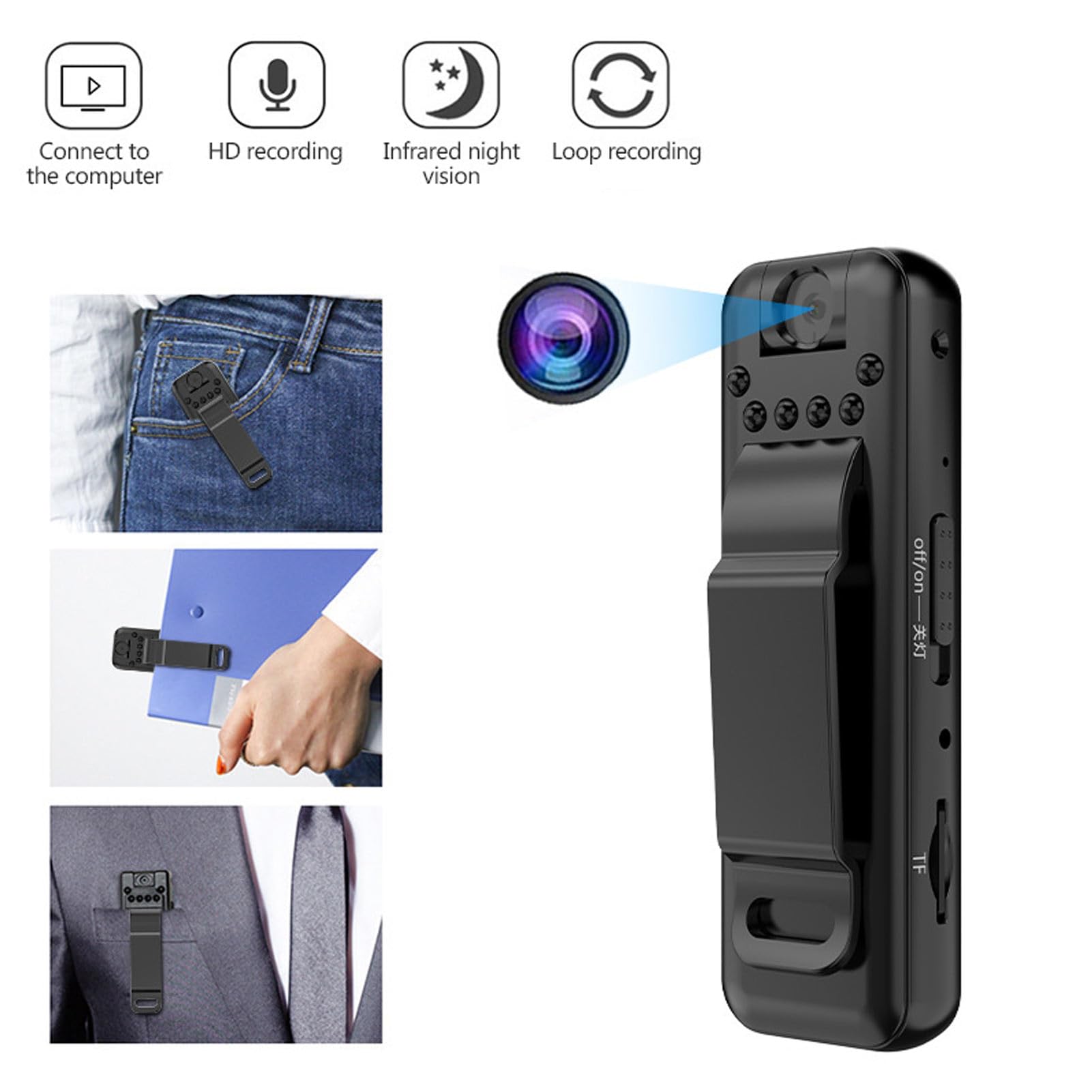 Dpofirs Videocamera Tascabile per Esterni, Videoregistratore Portatile per Visione Notturna con Clip Posteriore, Mini Telecamera di Sicurezza per la Casa, Batteria da 400 MAh