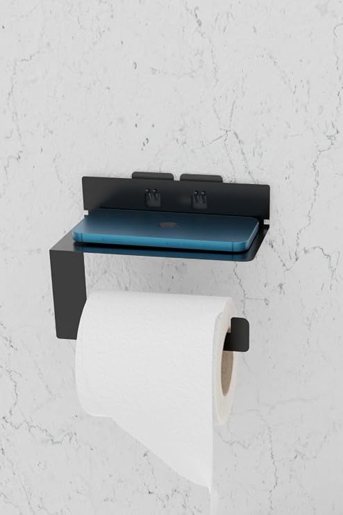 Risingmaber Metal Siyah Ultra Güçlü Yapışkanlı Telefon Tutacaklı Tuvalet WC Kağıtlık MT92S