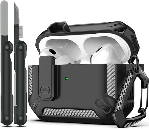 RFUNGUANGO Funda para AirPods Pro con kit de limpieza, armadura protectora militar rígida con bloqueo para funda de carga AirPod Pro, LED frontal
