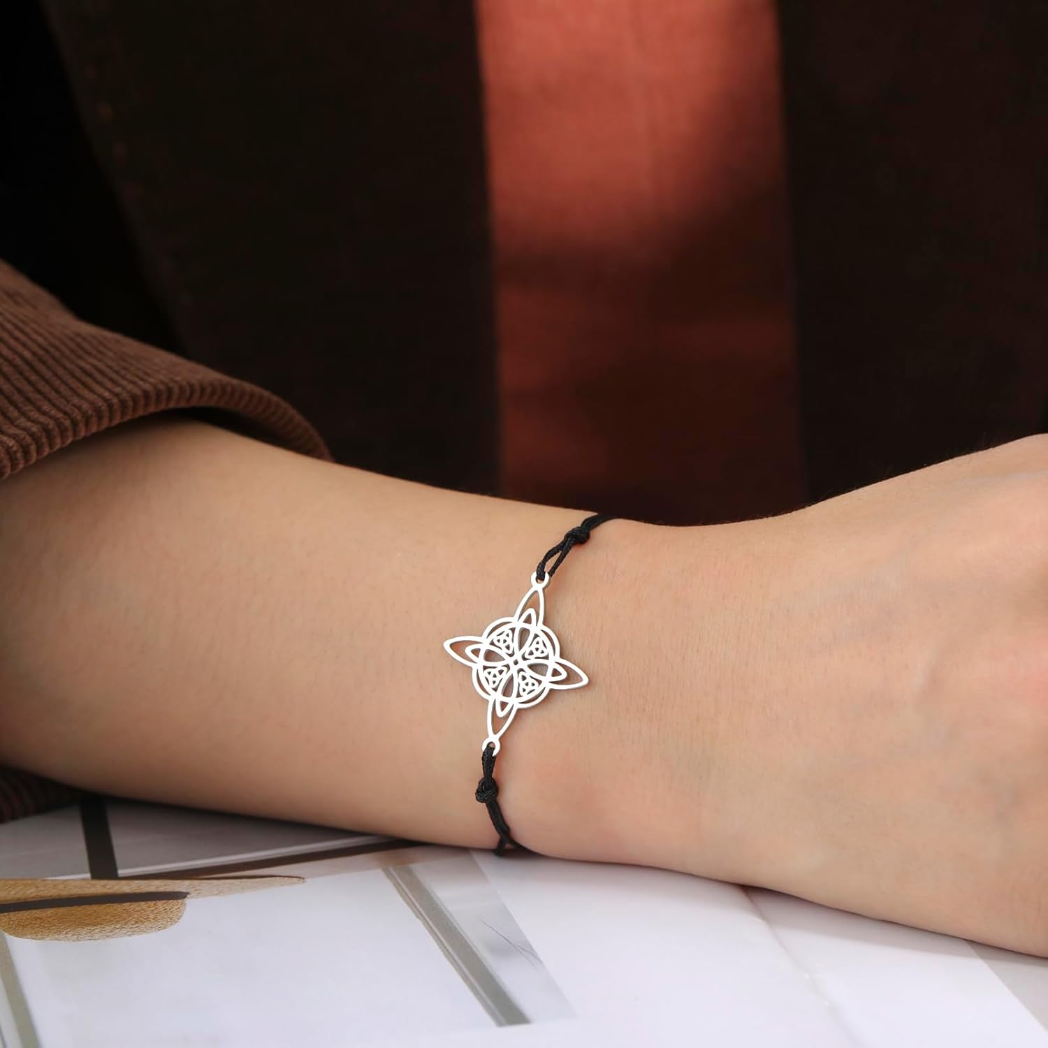 TEAMER Wax Rope Witches Knot Bracelet Stainless Steel Witches Knot Pendant Wiccan Symbol Adjustable Bracelet for Women - Image 4