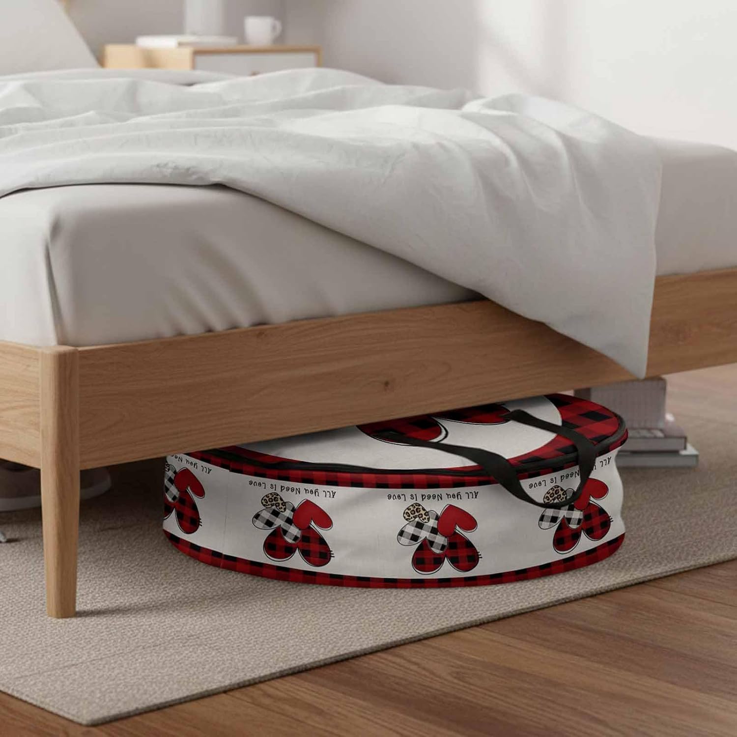 Valentine's Day Round Storage Bag 24 Inch, Love Heart Red Buffalo Plaid Clothes Storage Container with Handles Heavy Duty Organizer for Comforter, Bedding & Holiday Wreaths