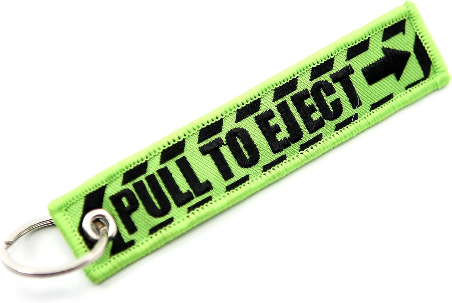 PULL TO EJECT Key Chain - Lime Green/black embroidered letters - Keychain Jet Tag (1)