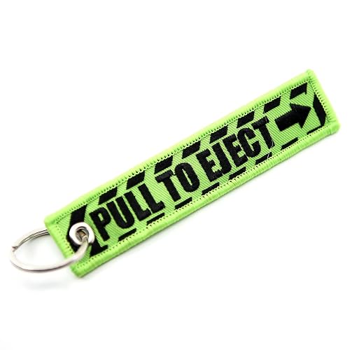 PULL TO EJECT Key Chain - Lime Green/black embroidered letters