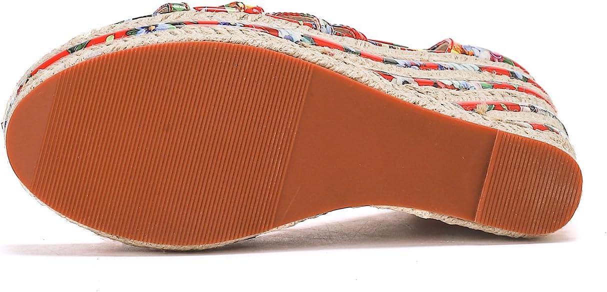 getmorebeauty Women's Espadrille Wedge Sandals Flower Pattern Back Zip Ankle T Strap Open Toe Platform High Heels Dress Shoes