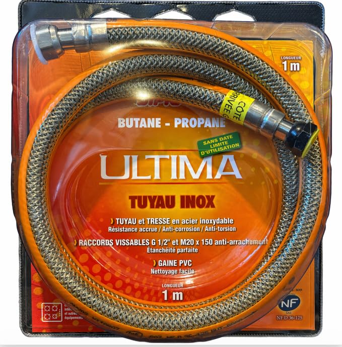 DIPRA - Flexible Gaz Inox Butane Propane 1M - Raccords G 1/2 et M20x150 - Tresse Inox - Gaine PVC - Cértifié NF