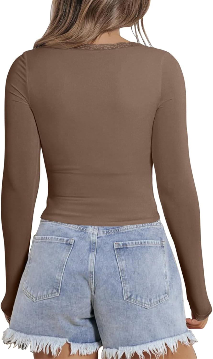 PINKMSTYLE Women Sexy V Neck Lace Long Sleeve Shirts Basic Fitted Double Lined Going Out Y2K Trendy Fall Tops - Image 5