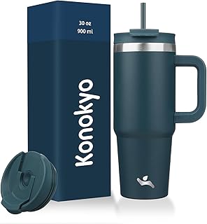 Konokyo 30 oz Insulated Tumbler Water Bottle with Handle, Straw Lid | BPA-free and dishwasher safe; made for gym, travel, coffee and gifting, 2 straws, cup holder friendly,Navy blue