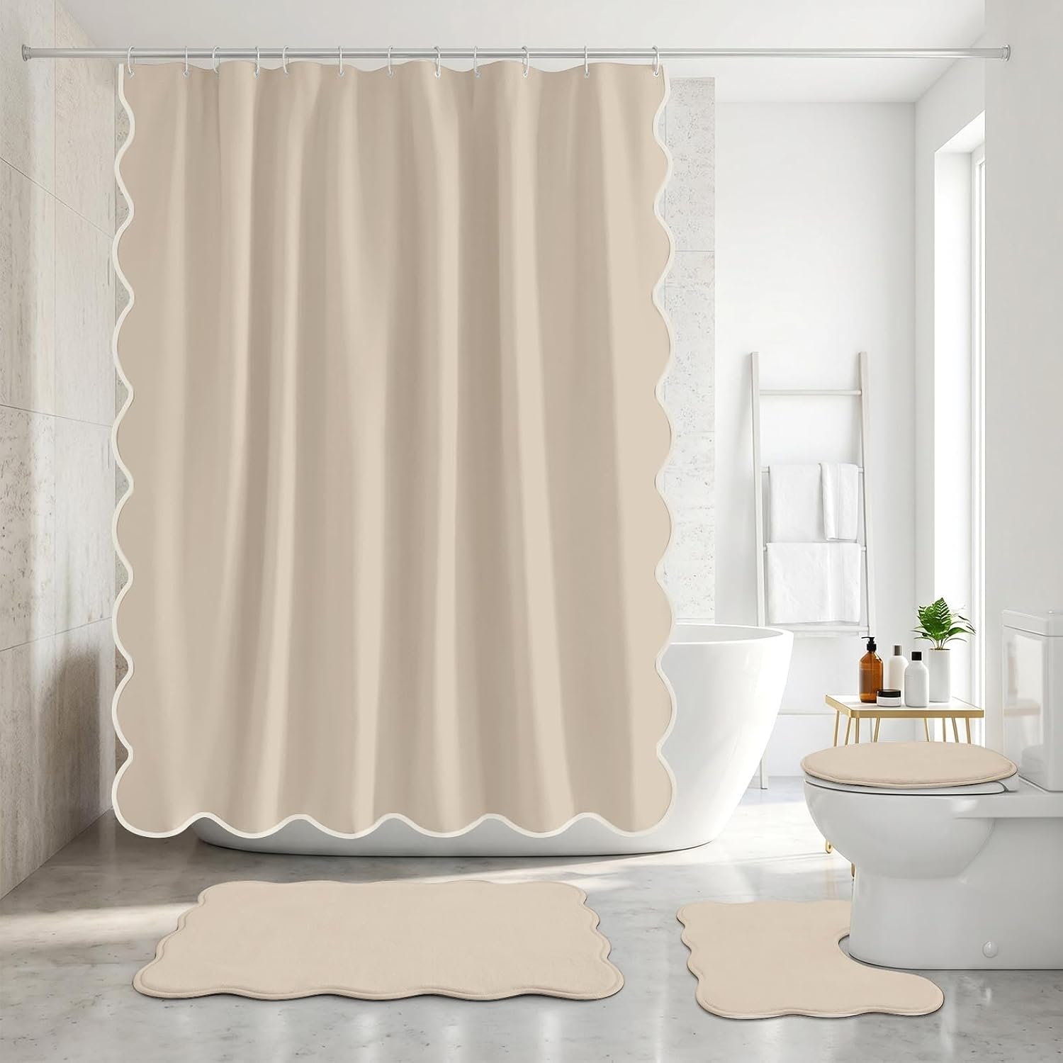 Scalloped Bathroom Sets with Shower Curtain and Rugs, Neutral Beige