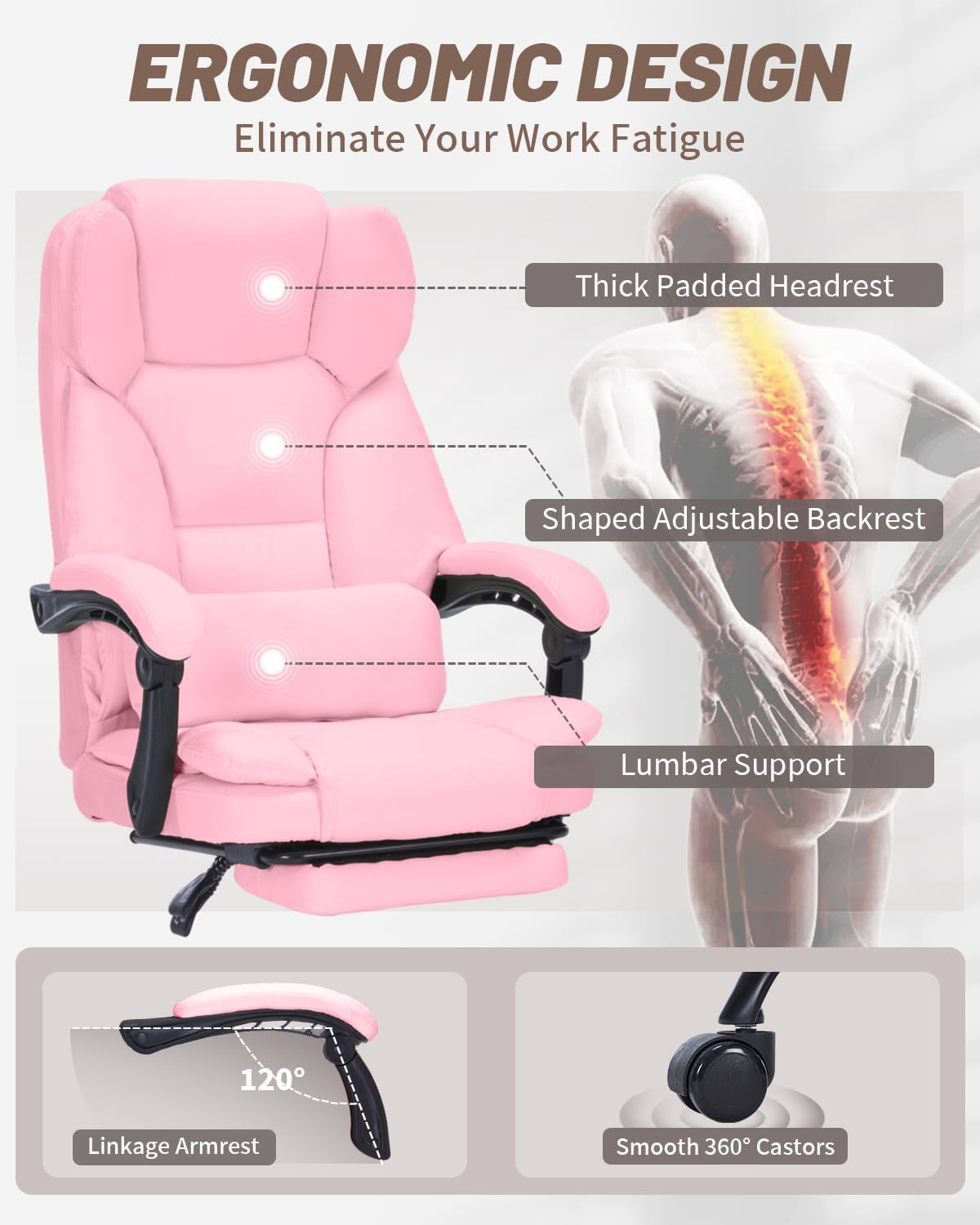 600lbs Office Chair with Footrest, Executive Chair with Padded Armrests, Reclining Desk Chair with Lumbar Support, High Back Leather Chair for Heavy People (Pink)