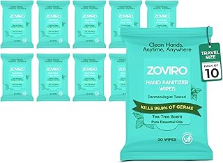 Zoviro Hand Sanitizer Wipes, Moisturizing With Tea Tree Essential Oil, Ultra-Soft 100% Viscose, Hand Wipes Travel Size, Tea Tree Scent, 20 Count (Pack of 10)