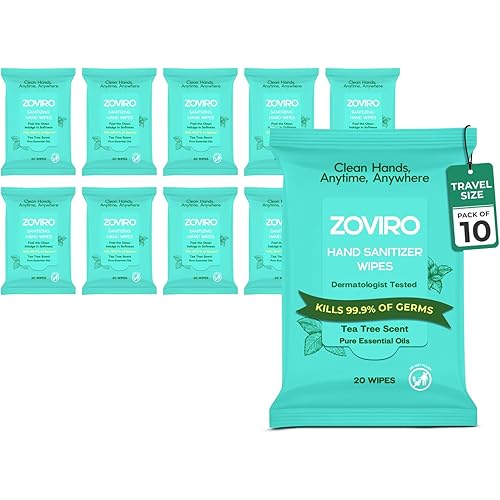 Zoviro Hand Sanitizer Wipes, Moisturizing With Tea Tree Essential Oil, Ultra-Soft 100% Viscose, Hand Wipes Travel Size, Tea Tree Scent, 20 Count (Pack of 10)