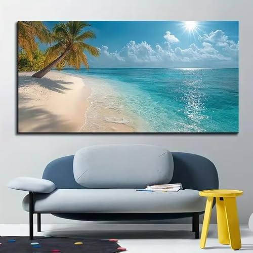 AEXOIO Large Canvas Wall Painting | Tropical Beach Scene with Coconut Tre 100x200cm/39x79in