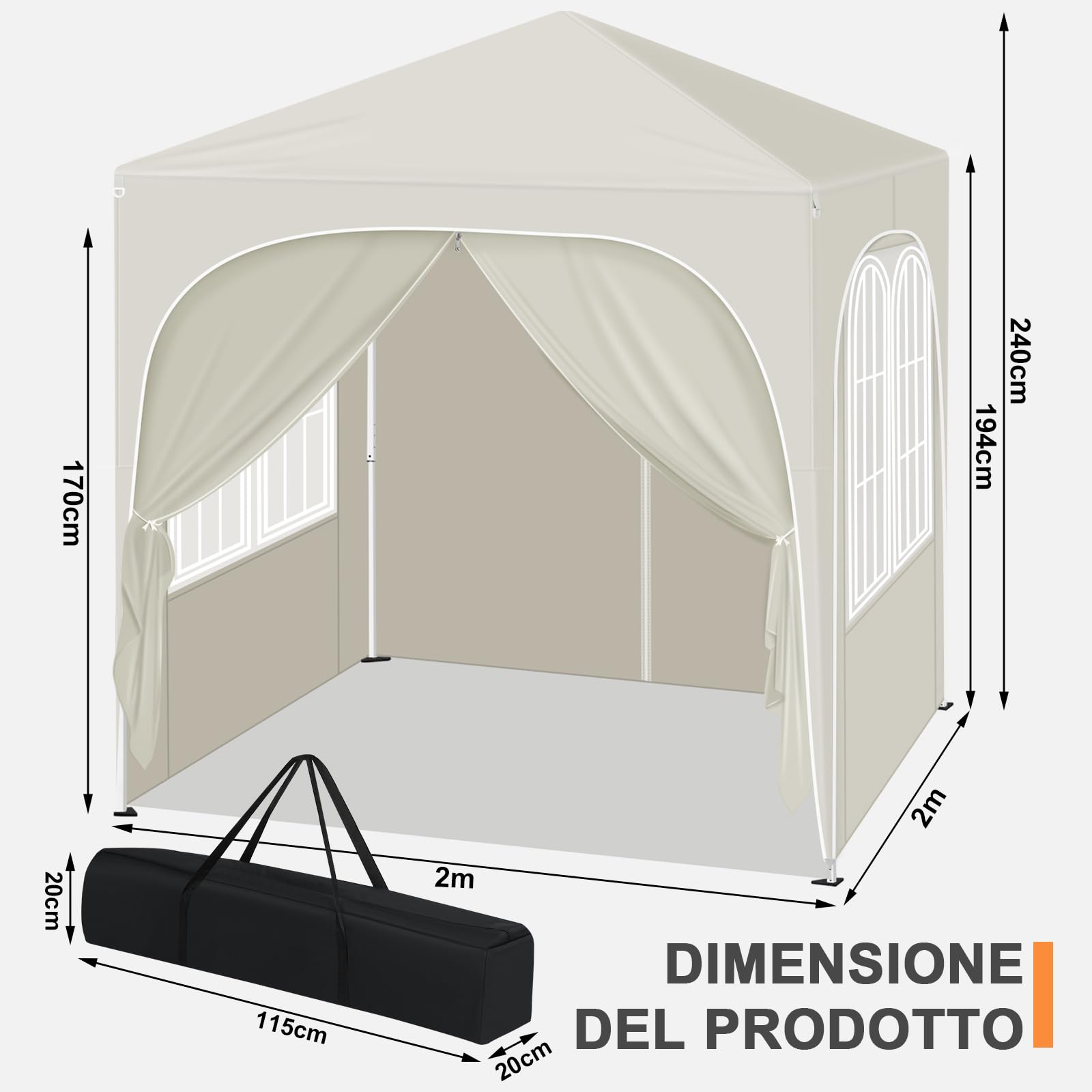 WOLTU Gazebo Pieghevole 2x2m con 4 Pareti Rimovibili - Protezione Solare UPF 50+, Struttura Metallica Anti-Vento, 3 Regolazioni Altezza, Tendone da Giardino/Campeggio/Spiaggia - Beige
