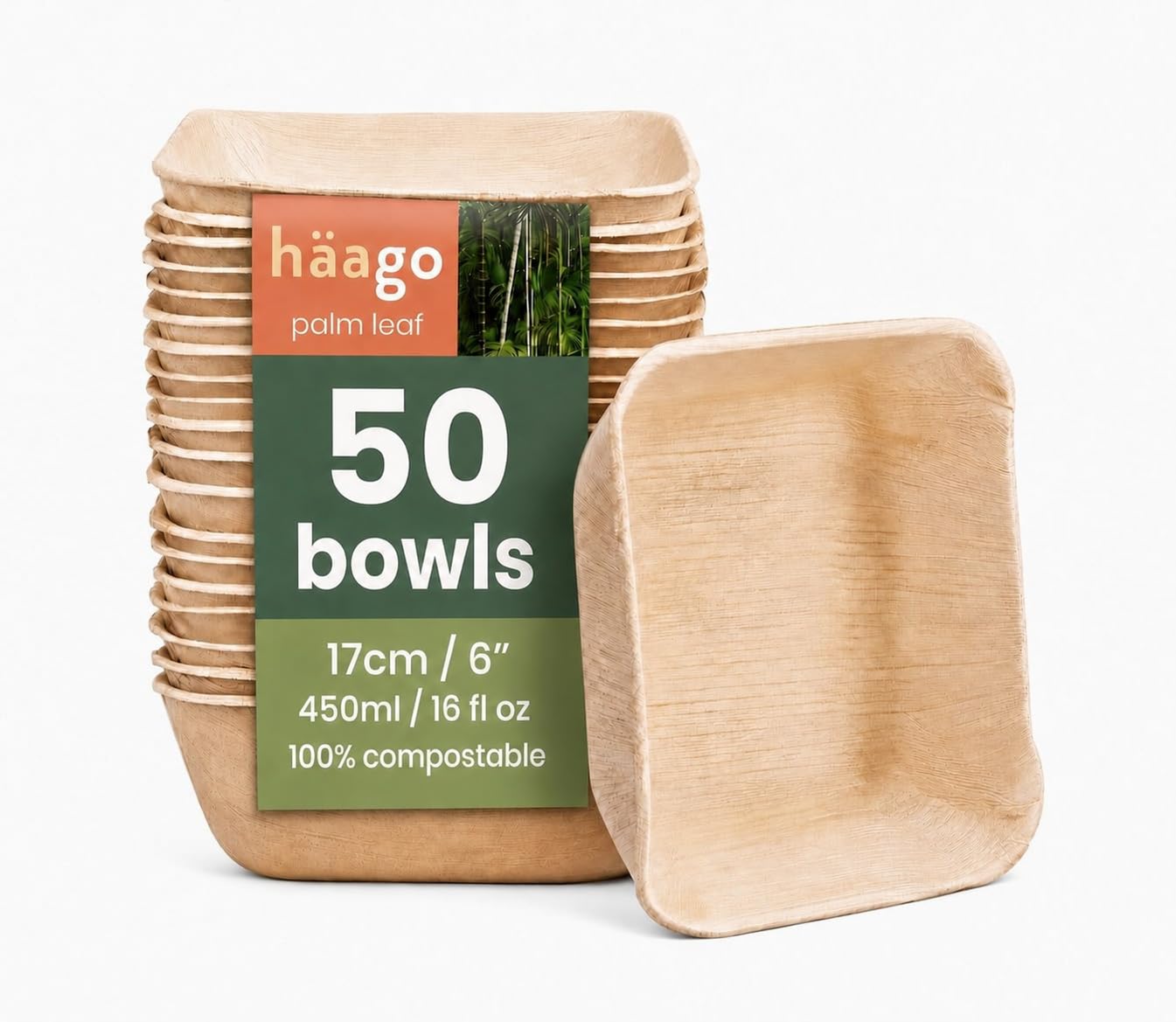HAAGO 50 Palm Leaf Bowls, 450ml Square Disposable Bowls – 17cm Party Bowls