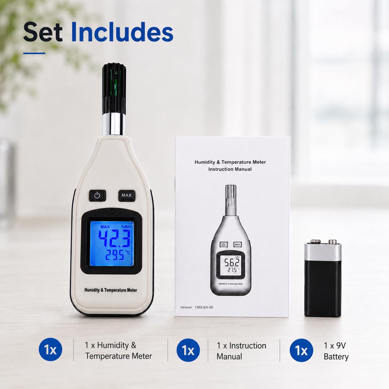Contents of the Gain Express HTM-238 package: the meter, an instruction manual, and a 9V battery.