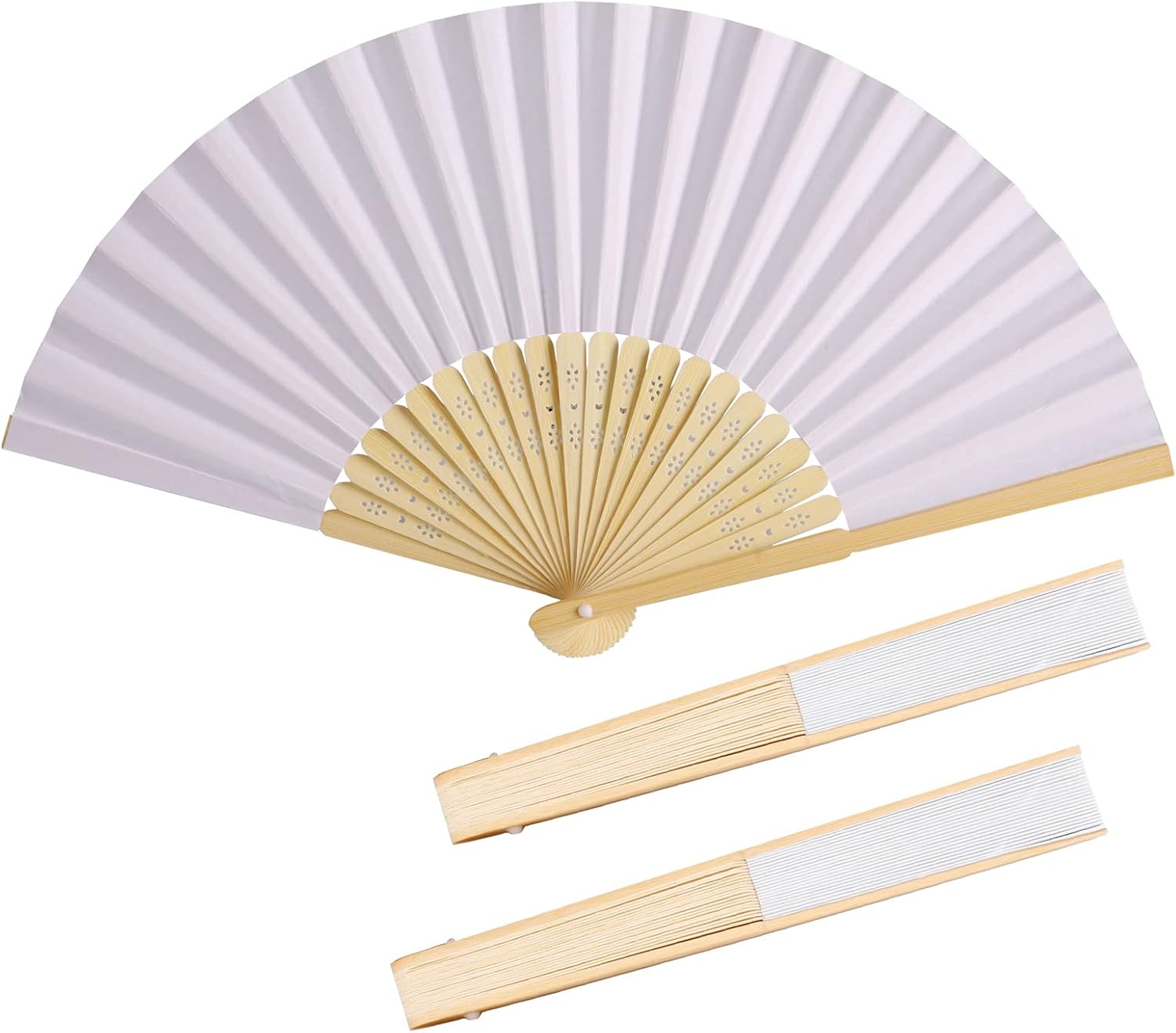 Paper Hand Fan Vintage Bamboo Handle Paper Folding Fans Outdoor Wedding Party Favors (White, 50)