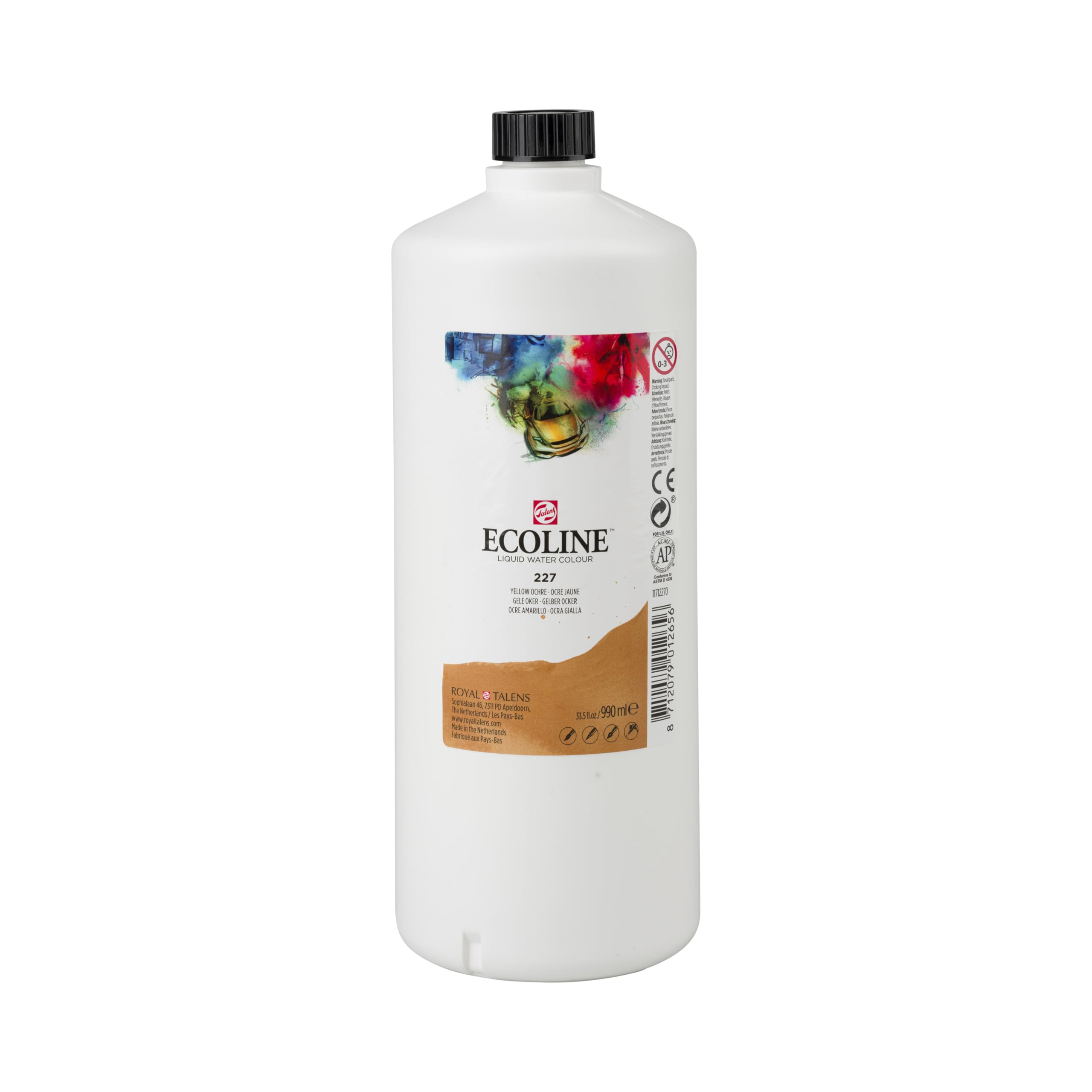 Ecoline Liquid Watercolour Bottle - Yellow Ochre 227, Large 990 ml Size with Dosing Nozzle - Ideal for Wet-on-Wet Techniques