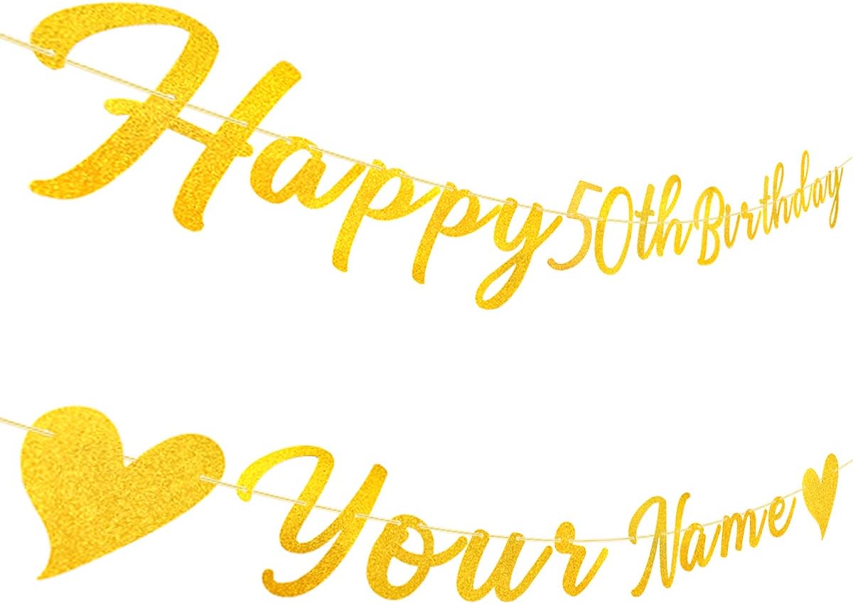 TopBashGo 102 Pcs Personalized Happy 50th Birthday Banner with Custom Name in Gold Glittery Script, Bday Party Decorations Supplies Reusable Signs for Men