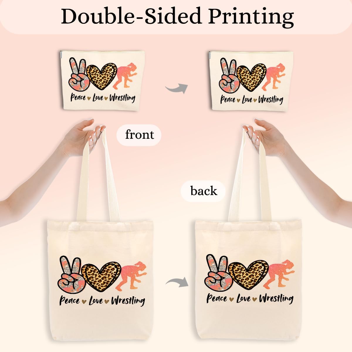 Wrestling Gifts for Women Coach Mom Fans Sports Wrestling Lover Colleague Friend Sister Team Birthday Christmas Friendship 2PCS Cosmetic Bags Canvas Tote Bag Beach Bag with Pocket Makeup Bags - Image 6